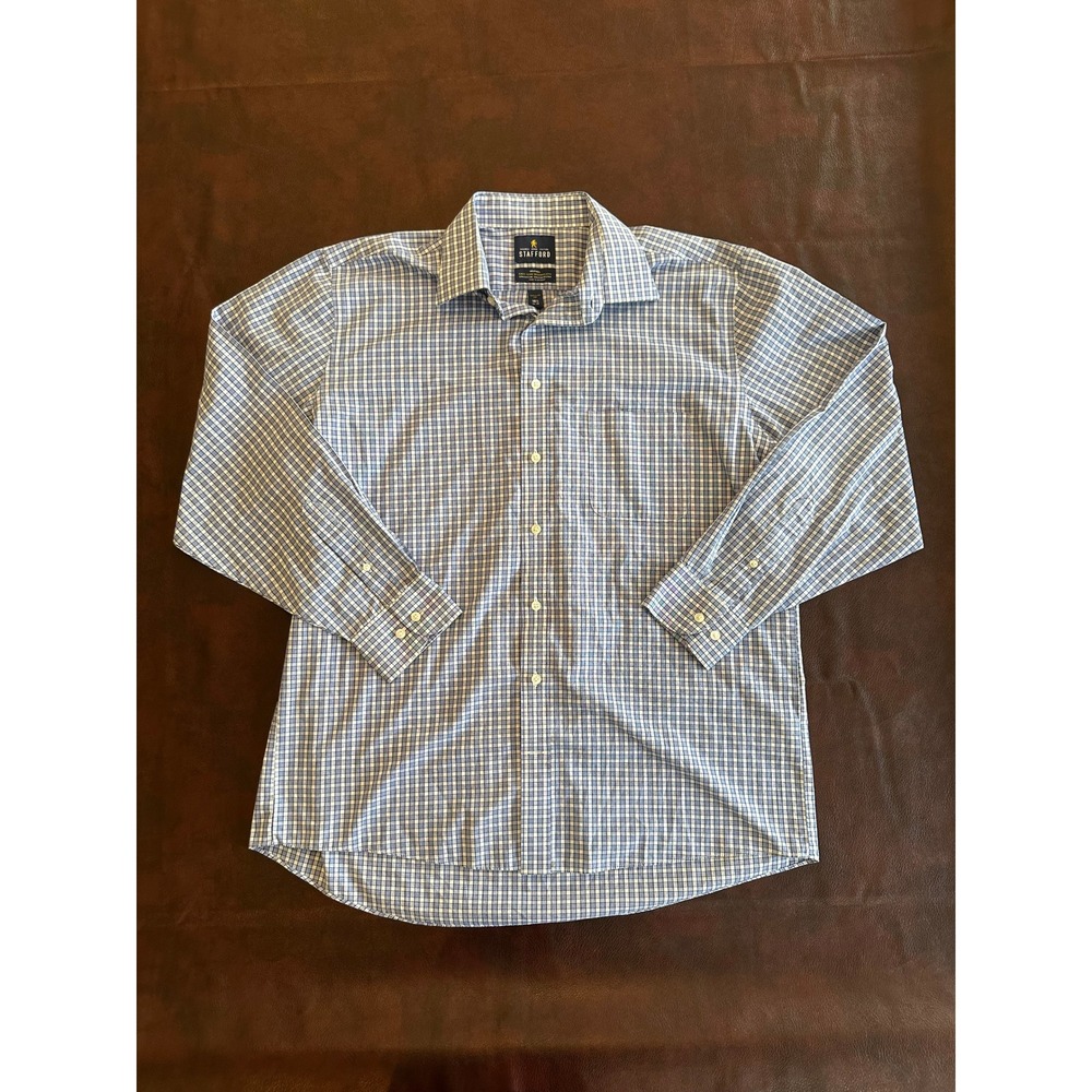 Stafford Mens Travel Easy Care Broadcloth Plaid Shirt Blue White 16.5 34-35